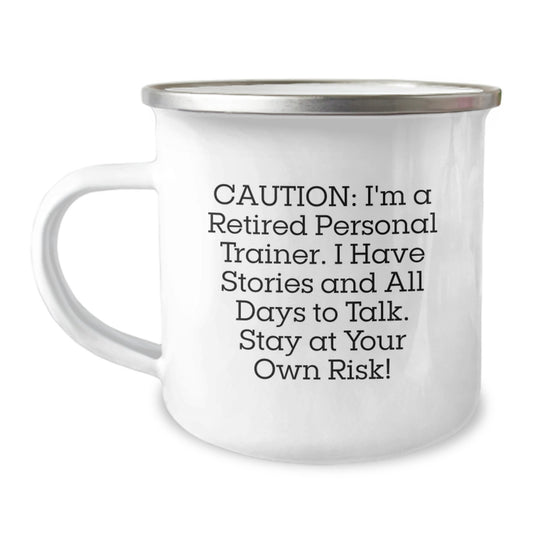 Funny Personal Trainer Quotes Gifts from Friends, Camping Mug for Men - Christmas Unique Gifts, Caution: Stories Ahead! - Image 1