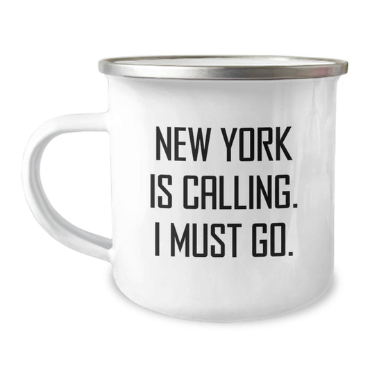 New York Calling Gifts for Men from Friends, Funny Camping Mug for Graduation, I Must Go - Image 1
