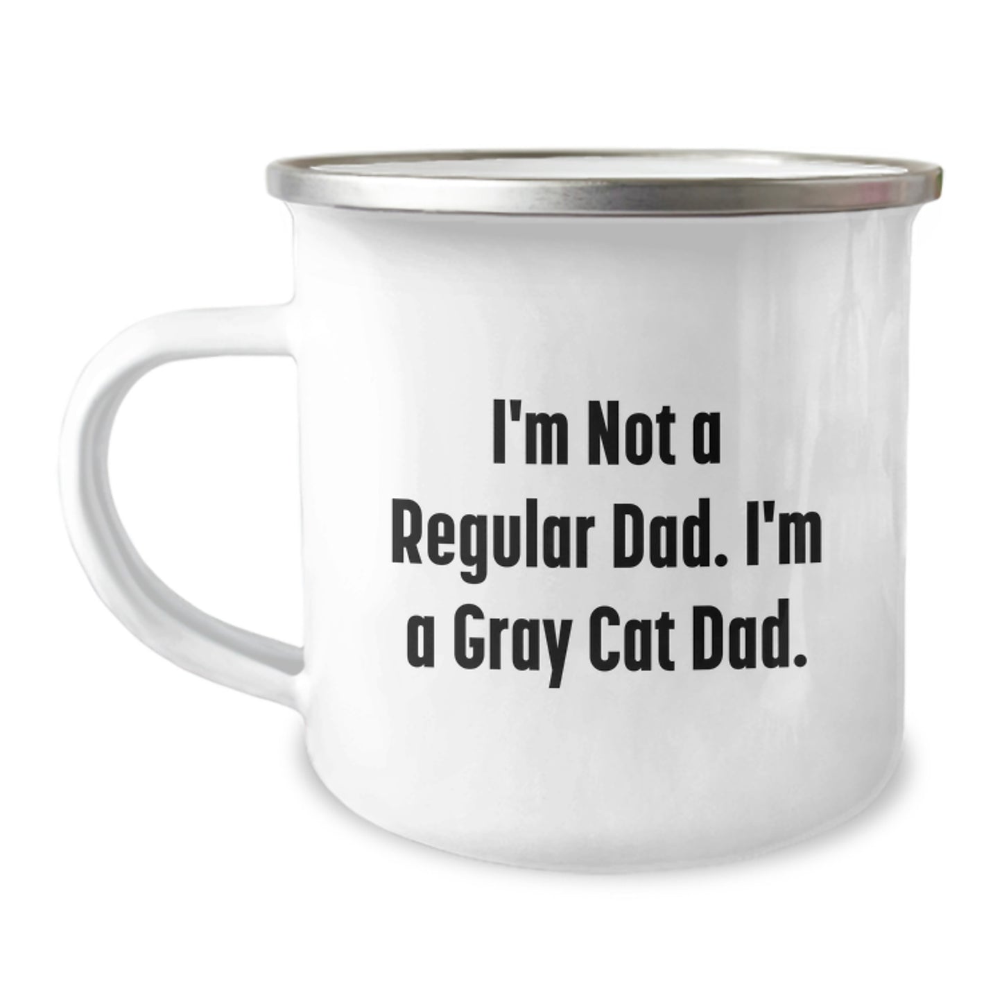Funny Gray Cat Dad Camping Mug, Gifts from Men for Gray Cat Lovers, Christmas Unique Gifts for Dad, 12 oz Stainless Steel Enamel Finish - Image 1