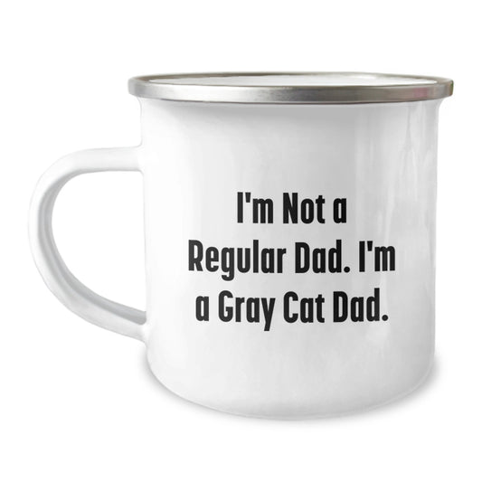 Funny Gray Cat Dad Camping Mug, Gifts from Men for Gray Cat Lovers, Christmas Unique Gifts for Dad, 12 oz Stainless Steel Enamel Finish - Image 1