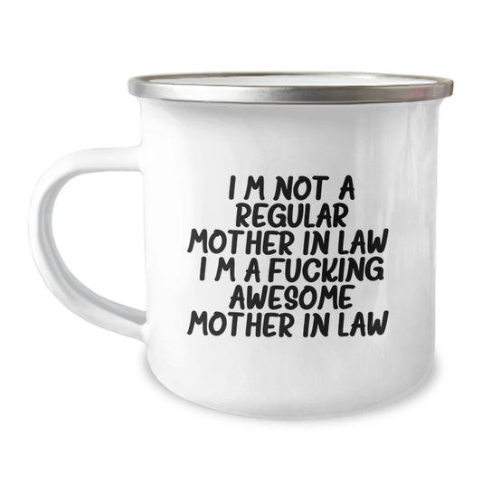 Funny Mom-in-law Gifts, Camping Mug with Inspirational Quote, Gifts from Friends, Gifts for Awesome Mom-in-law, Graduation Unique Gifts, 12 oz Stainless Steel Enamel Mug - Image 1