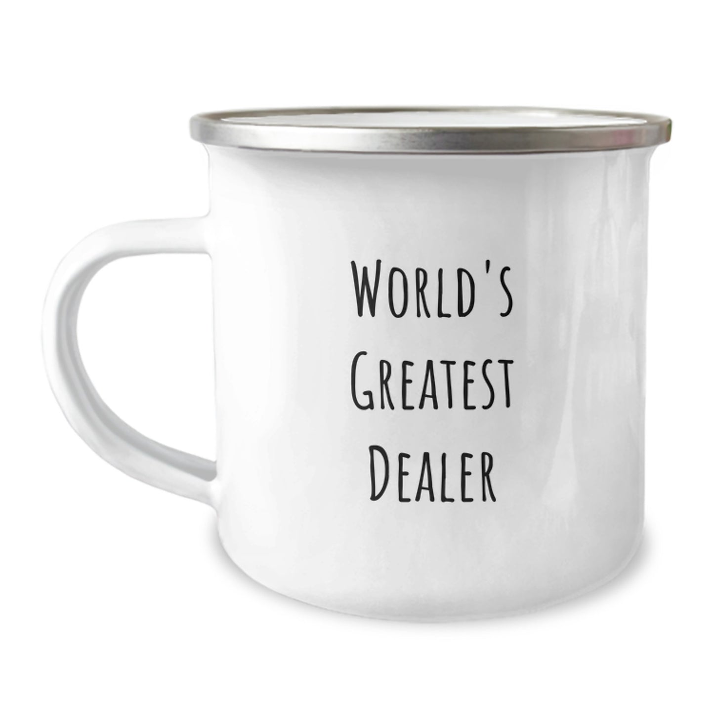 Funny 'World's Greatest Dealer' Camping Mug, Unique Gifts from Men for Father's Day, Perfect for Dealer Enthusiasts, 12 oz Stainless Steel with Enamel Finish - Image 1