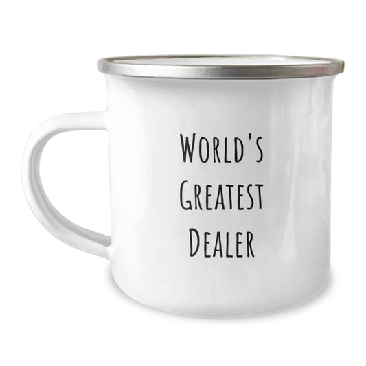 Funny 'World's Greatest Dealer' Camping Mug, Unique Gifts from Men for Father's Day, Perfect for Dealer Enthusiasts, 12 oz Stainless Steel with Enamel Finish - Image 1
