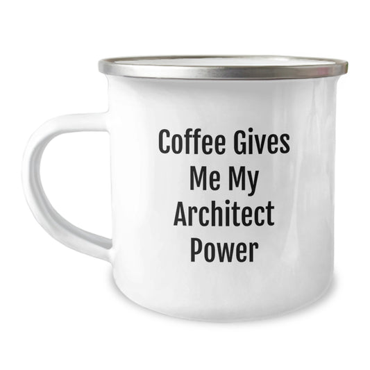 Funny Architect Gifts for Graduation - 'Coffee Gives Me My Architect Power' Enamel Camping Mug, 12 oz, Stainless Steel - Image 1