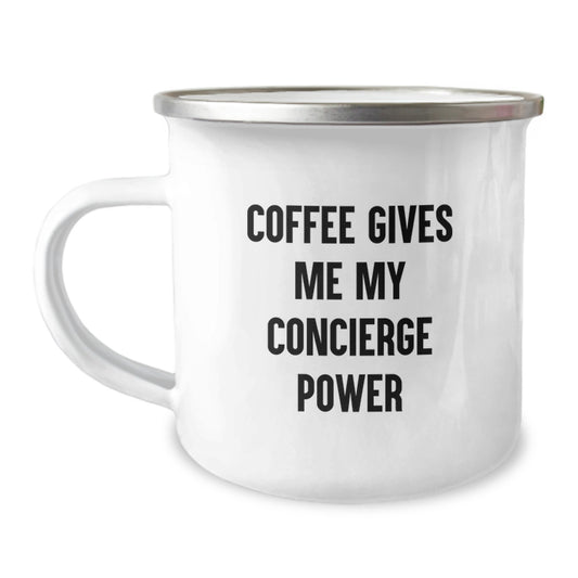 Funny Concierge Gifts from Family, Men's Camping Mug 'Coffee Gives Me My Concierge Power', Christmas Unique Gifts - Image 1