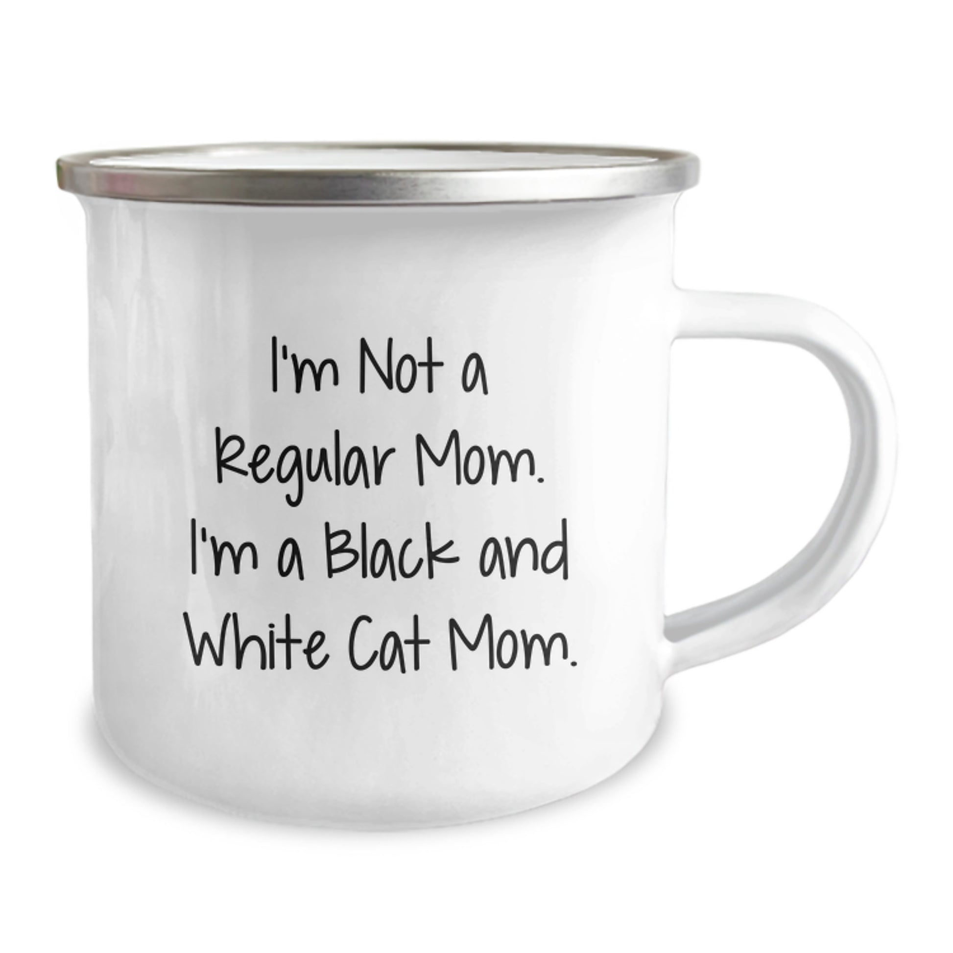 Black and White Cat Gifts, Funny Quote, Camping Mug for Graduation, Gifts from Friends for Black and White Cat Mom, 12 oz Stainless Steel Enamel Finish - Image 2