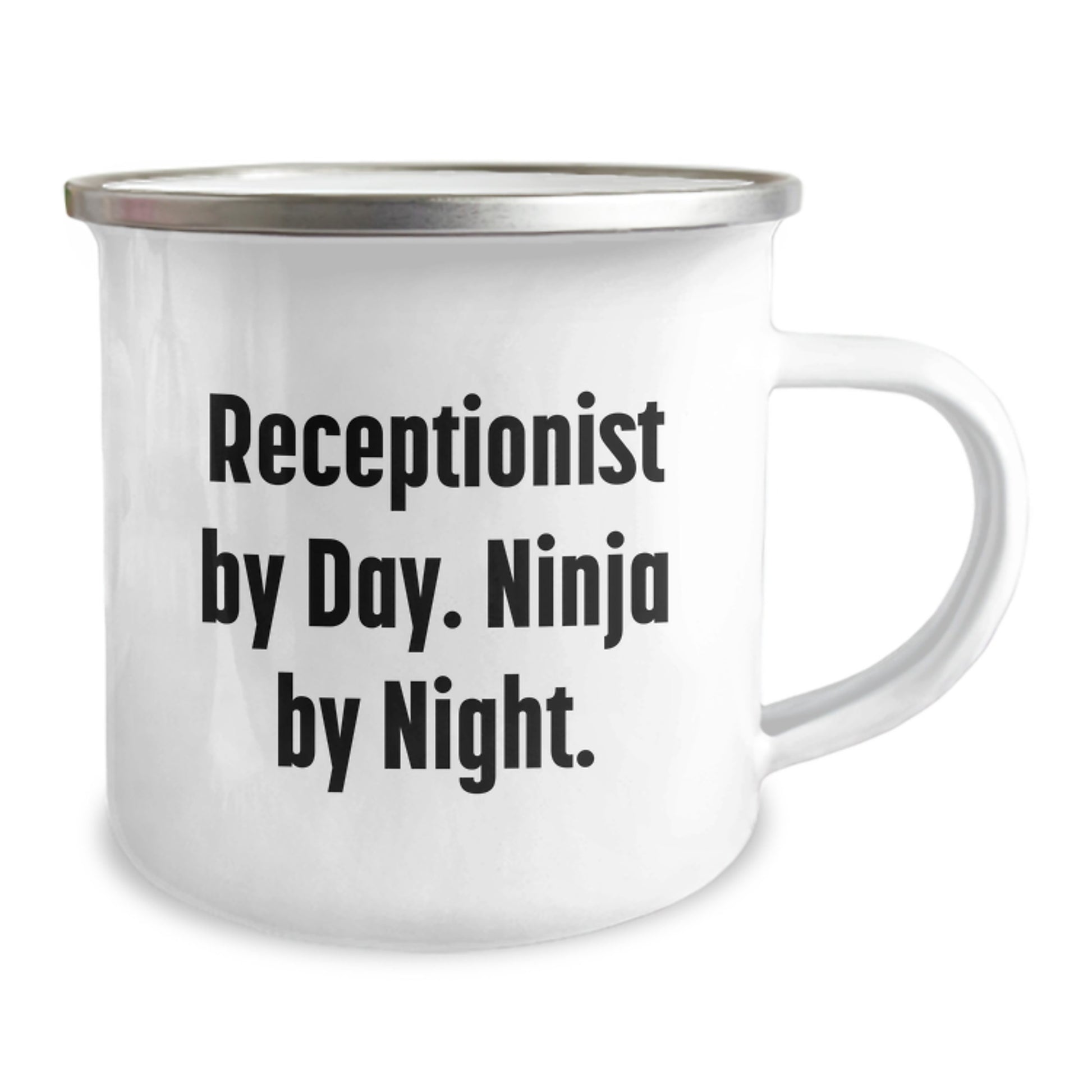 Receptionist Gifts from Friends, Funny Camping Mug for Birthday, 'Receptionist By Day. Ninja By Night.' Quote, 12 oz Stainless Steel with Enamel Finish - Image 2