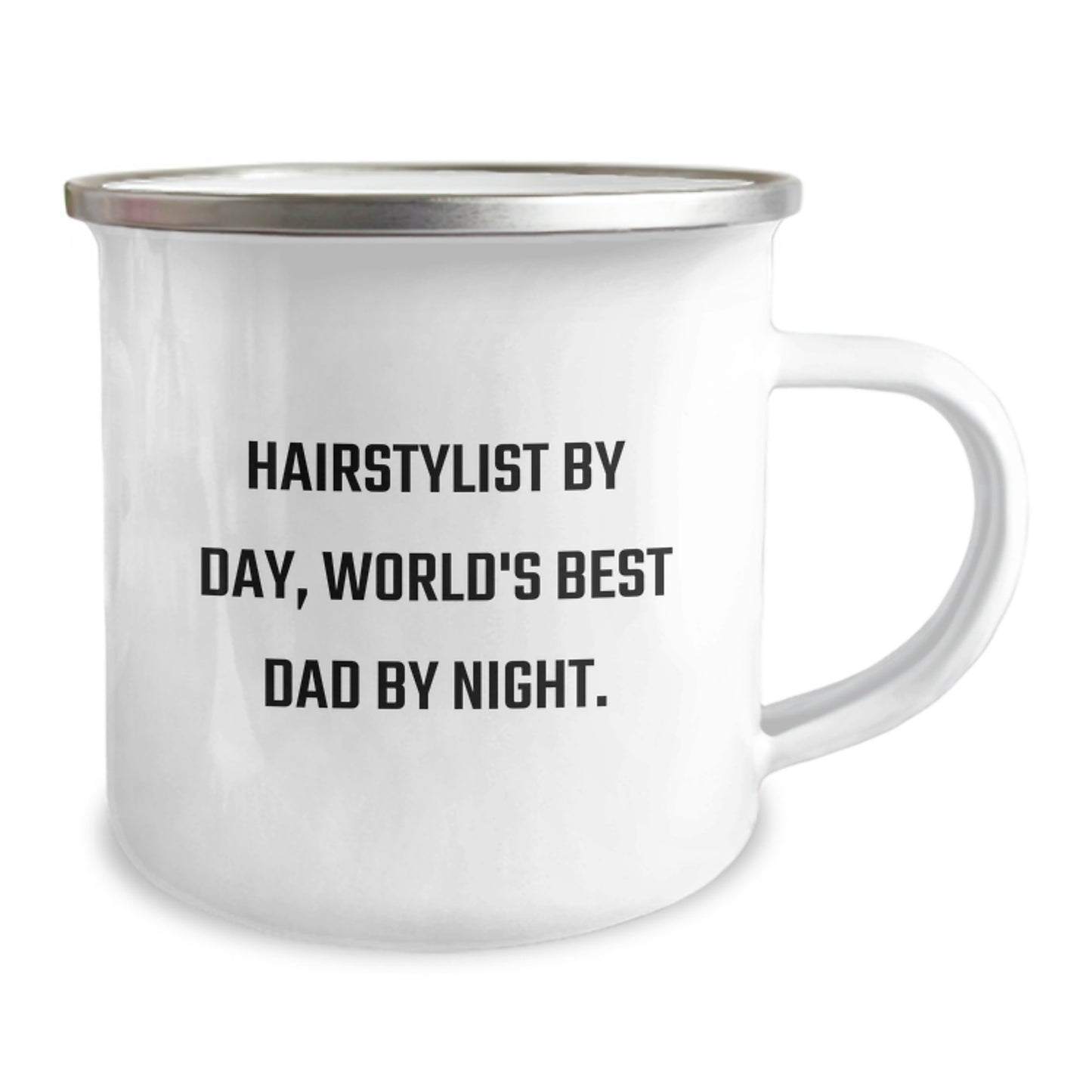Hairstylist Gifts from Friends - Funny Camping Mug for Birthday - 'Hairstylist By Day, World's Best Dad By Night.' - Image 2