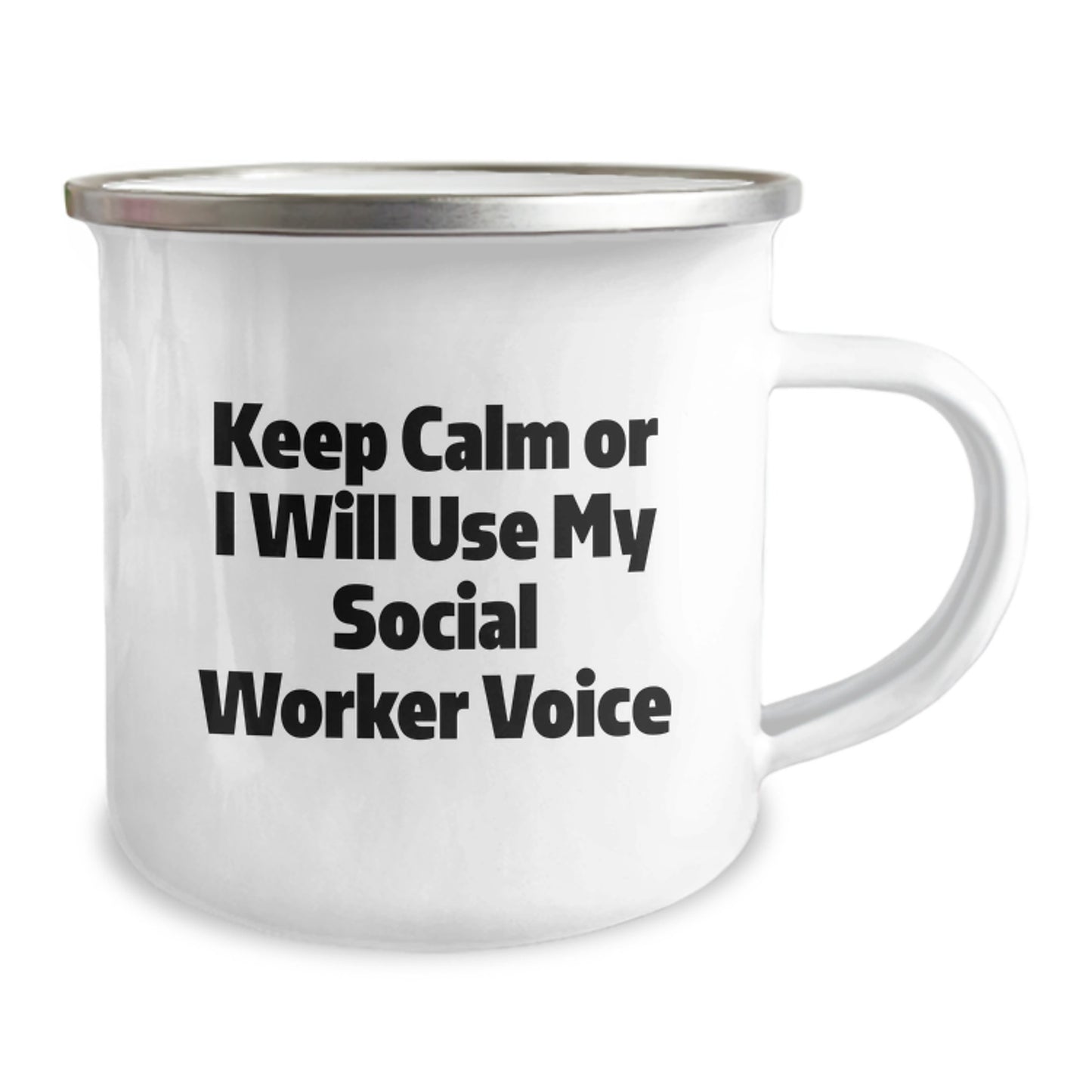 Funny Social Worker Gifts for Women from Friends, Keep Calm Or I Will Use My Social Worker Voice Enamel Camping Mug, Birthday Unique Gifts - Image 2