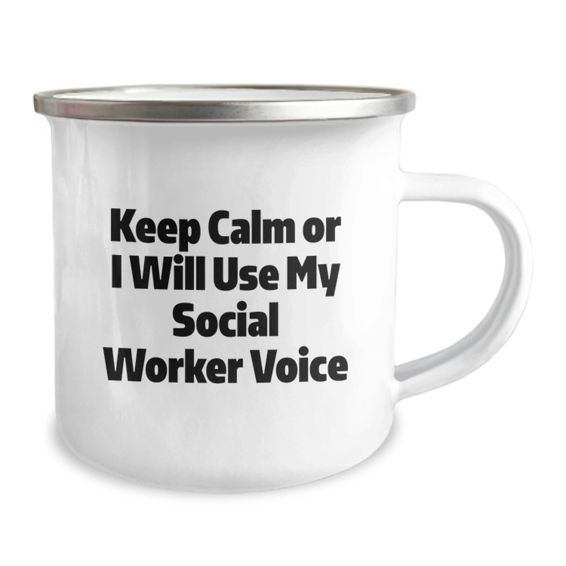Funny Social Worker Gifts for Women from Friends, Keep Calm Or I Will Use My Social Worker Voice Enamel Camping Mug, Birthday Unique Gifts - Image 2
