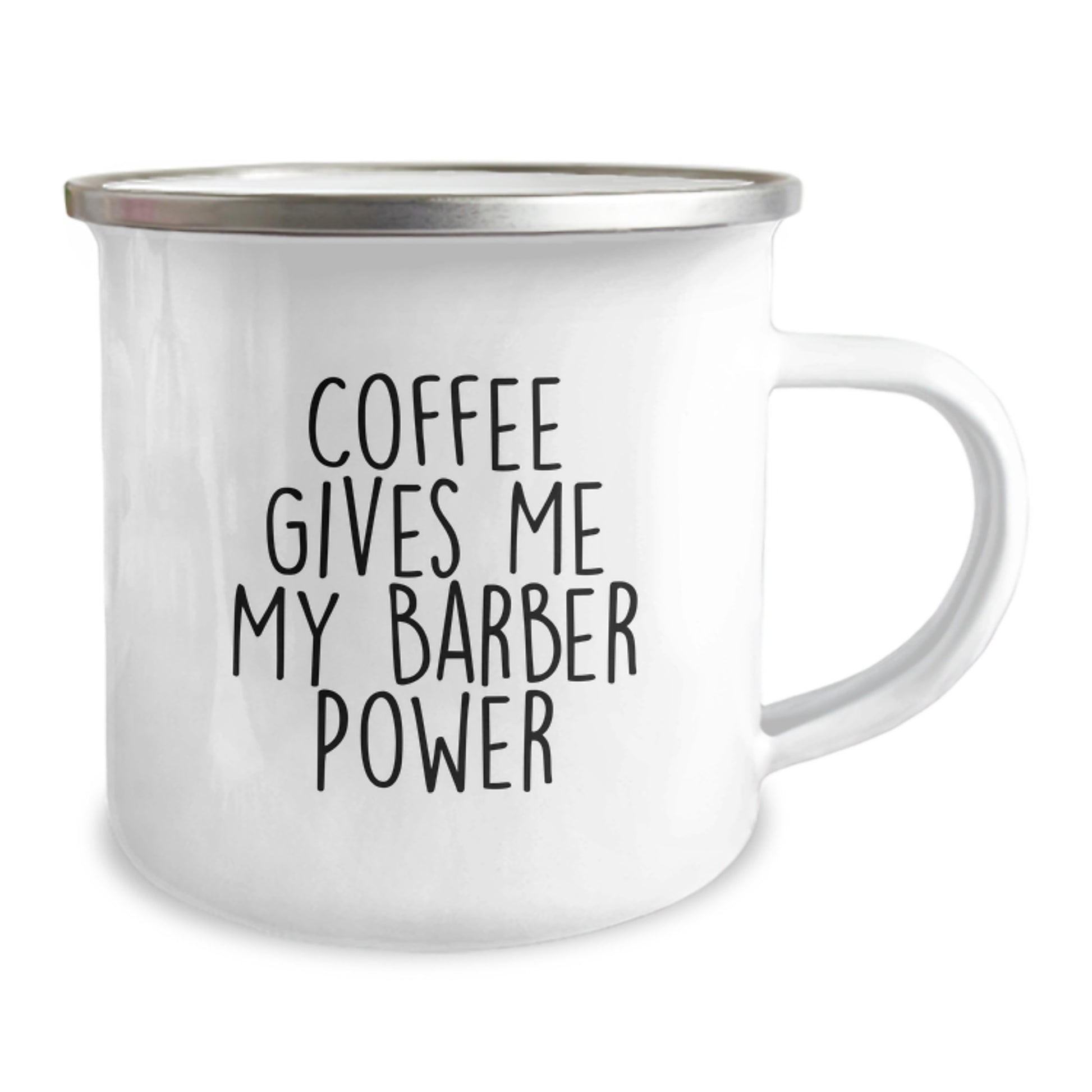 Funny Barber Gifts from Friends for Graduation Unique Gifts - 'Coffee Gives Me My Barber Power' Enamel Camping Mug - Image 2