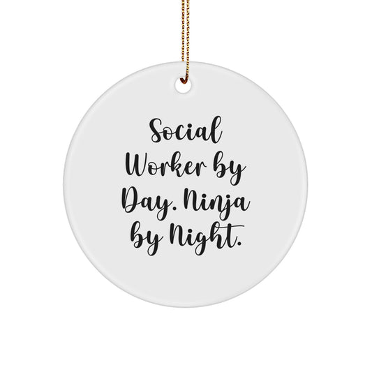 Funny Social Worker Gifts for Men, Women, Coworkers - Social Worker By Day, Ninja By Night. Circle Ornament, White - Image 1