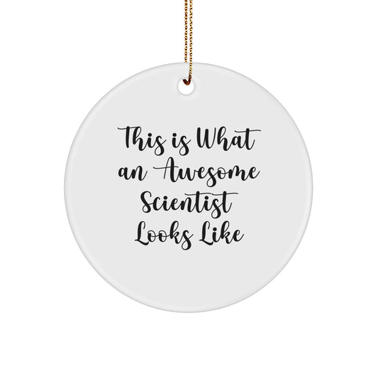 Funny Scientist Circle Ornament Gifts from Men to Awesome Scientist Friends for Christmas - 'This Is What An Awesome Scientist Looks Like' - Image 1