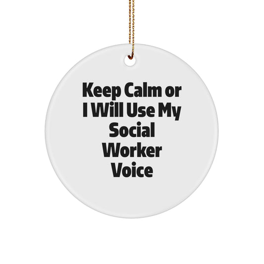 Funny Social Worker Gifts for Social Worker Friends and Family - Keep Calm Or I Will Use My Social Worker Voice Christmas Ornament - Image 1