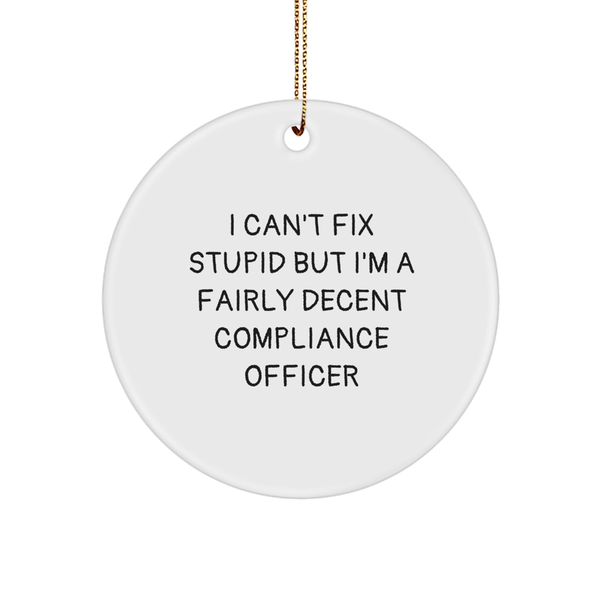 Funny Compliance Officer Gifts for Friends from Christmas Unique Circle Ornament Decor, 'I Can't Fix Stupid But I'm A Fairly Decent' - Image 1