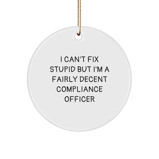 Funny Compliance Officer Gifts for Friends from Christmas Unique Circle Ornament Decor, 'I Can't Fix Stupid But I'm A Fairly Decent' - Image 1