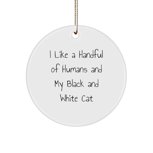Funny Black and White Cat Circle Ornament Gifts for Men, Women, Family and Friends, Christmas Unique Decoration, Handful of Humans Quote - Image 1
