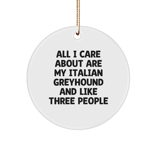 Italian Greyhound Dog Lover's Christmas Unique Gift, 'All I Care About Are My Italian Greyhound And Like Three People' Quote Circle Ornament, Gifts from Friends to Family - Image 1