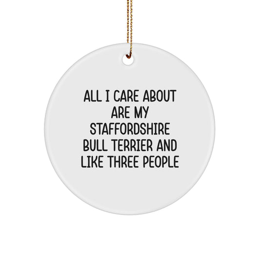 Staffordshire Bull Terrier Dog Lover Funny Christmas Unique Gifts from Grandma for Dog Owners, Circle Ornament with Quote 'All I Care About Are My Staffordshire Bull Terrier And Like Three People' - Image 1