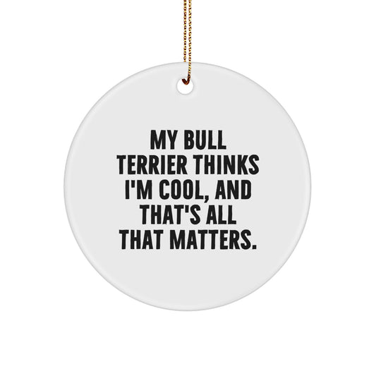 Funny Bull Terrier Dog Gifts from Men to Friends, 'My Bull Terrier Thinks I'm Cool, And That's All That Matters.' Circle Ornament, Christmas Unique Gifts for Family - Image 1
