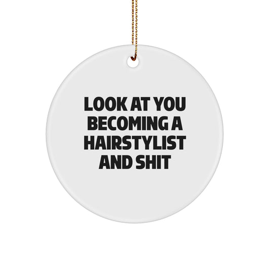 Funny Hairstylist Circle Ornament Gifts for Men from Friends and Family at Christmas Time - Image 1