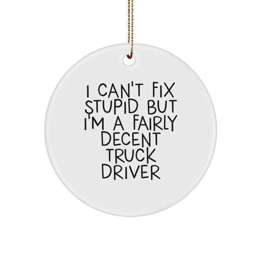 Truck Driver Gifts for Men, Funny Circle Ornament with I 'Can't Fix Stupid' Quote, Unique Christmas Decorations for Friends, Coworkers, Family - Image 1