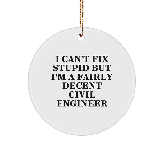 Funny Civil Engineer Gifts from Friends - Christmas Unique Ornament for Civil Engineer Men and Women, 'I Can't Fix Stupid But I'm A Fairly Decent Civil Engineer' Circle Shape - Image 1