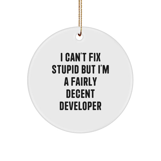 Funny Developer Gifts from Friends, Christmas Unique Circle Ornaments for Men, Women, Coworkers, Family - I Can't Fix Stupid But I'm A Fairly Decent Developer - Image 1