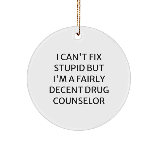 Funny Drug Counselor Gifts, Sarcastic Quote Circle Ornament, I Can't Fix Stupid But I'm A Fairly Decent Drug Counselor Gift for Drug Counselor Friends Family - Image 1