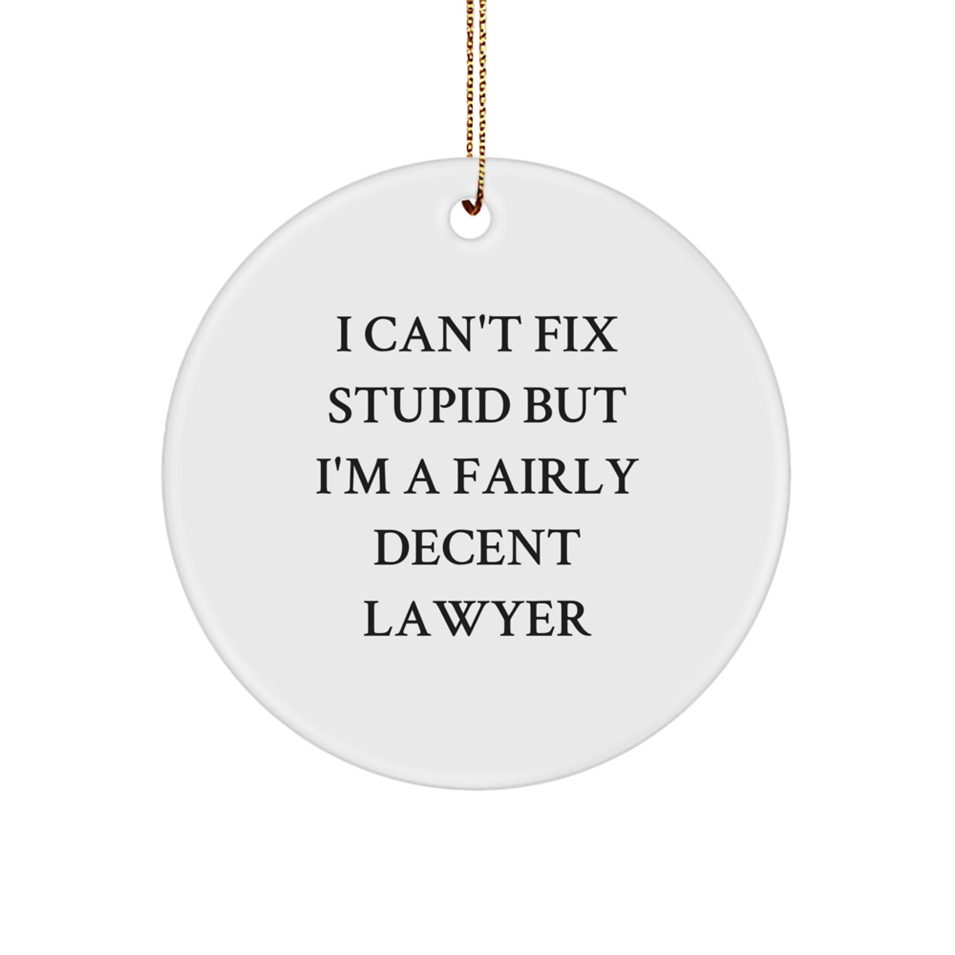 Funny Lawyer Gifts from Friends, I Can't Fix Stupid But I'm A Fairly Decent Lawyer, Christmas Unique Circle Ornament for Lawyer - Image 1