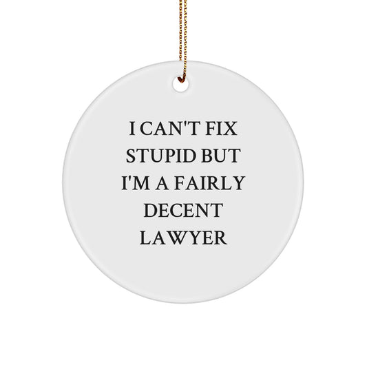 Funny Lawyer Gifts from Friends, I Can't Fix Stupid But I'm A Fairly Decent Lawyer, Christmas Unique Circle Ornament for Lawyer - Image 1