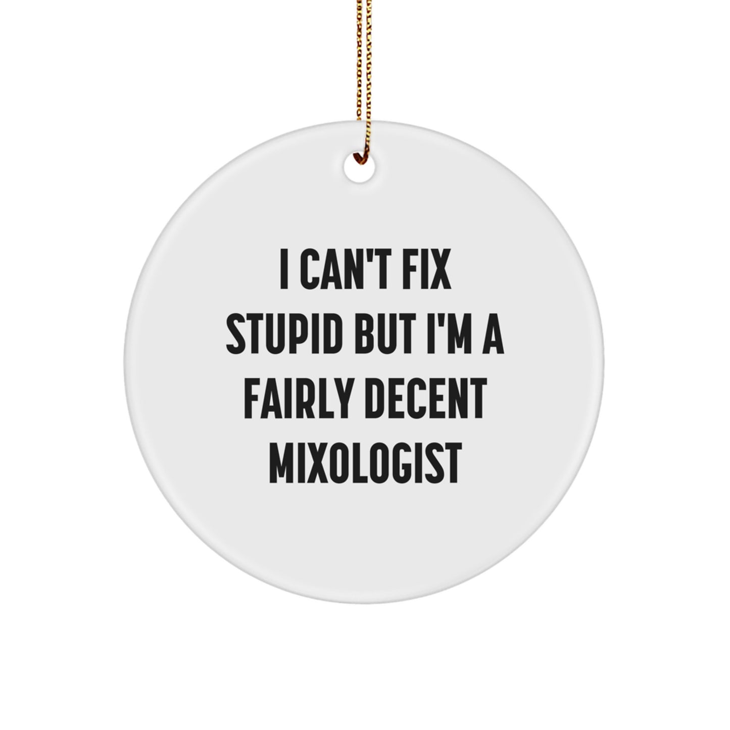 Funny Mixologist Gifts from Friends for Men - Circle Ornament I Cant Fix Stupid But Im Decent - Christmas Unique Ornaments for Mixologist - Image 1