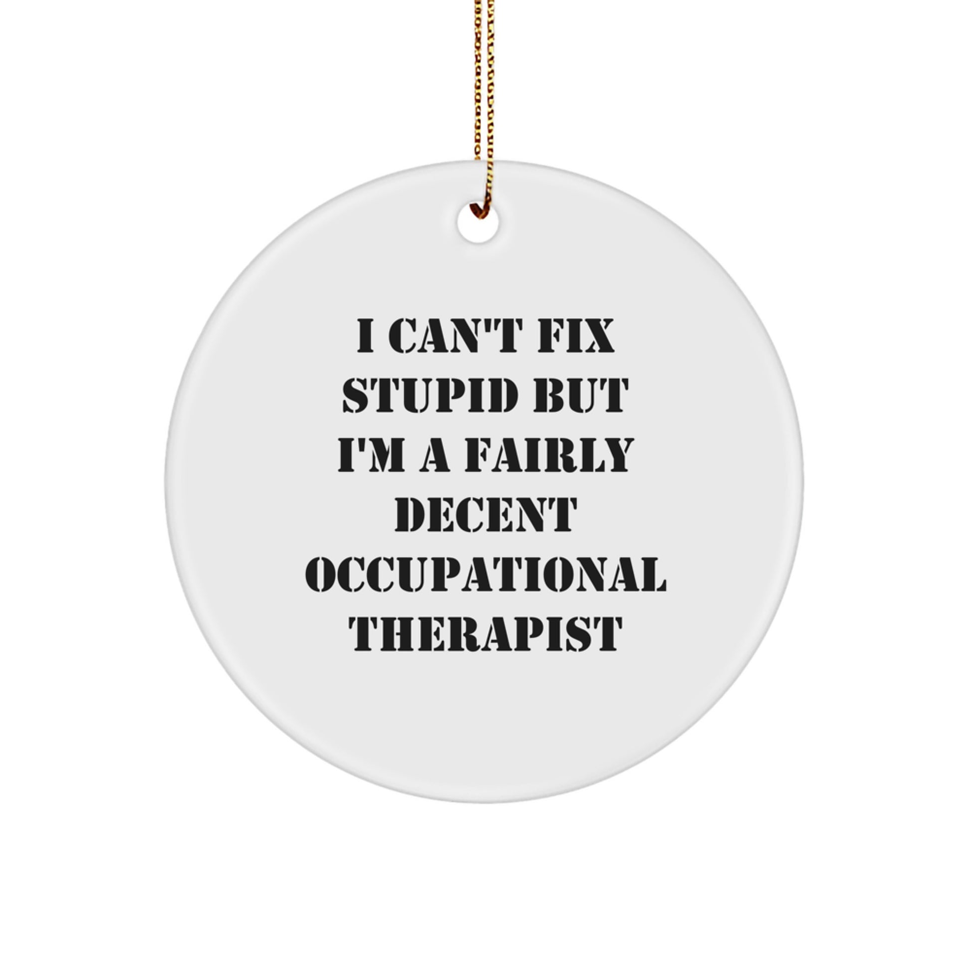 Funny Gifts from Friends for Occupational Therapist Christmas Unique Circle Ornament, 'I Can't Fix Stupid But I'm A Fairly Decent Occupational Therapist' Inspirational Quote, White - Image 1