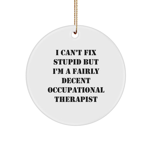 Funny Gifts from Friends for Occupational Therapist Christmas Unique Circle Ornament, 'I Can't Fix Stupid But I'm A Fairly Decent Occupational Therapist' Inspirational Quote, White - Image 1