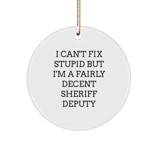 Funny Sheriff Deputy Gifts from Men, Unique Circle Ornament with 'I Can't Fix Stupid' Quote, Sheriff Deputy Deputy Christmas Decorations for Home - Image 1