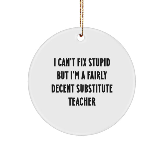 Funny Substitute Teacher Gifts from Men for Women Friends Coworkers Family Members - 'I Can't Fix Stupid But I'm A Fairly Decent Substitute Teacher' White Circle Ornament for Christmas Unique Gifts - Image 1