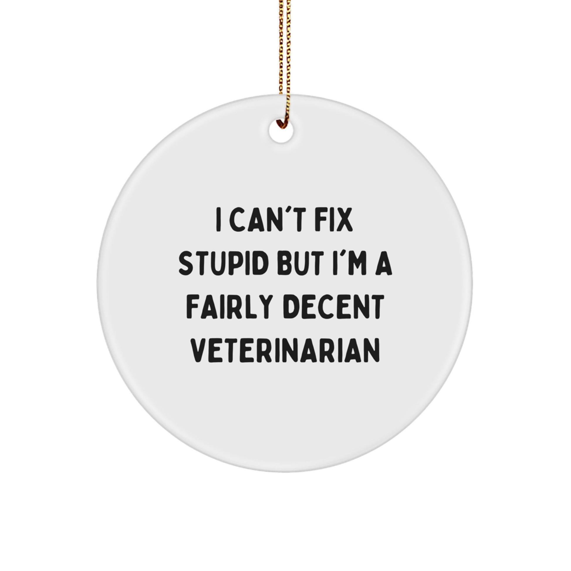 Funny Veterinarian Circle Ornament Gifts for Him from Friends, Coworkers, or Family - 'I Can't Fix Stupid But I'm A Fairly Decent Veterinarian' Christmas Ornament - Image 1