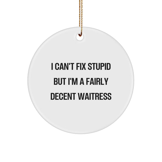 Gifts from Friends or Family for the Waitress Who Can't Fix Stupid but is a Fairly Decent Waitress - Funny Christmas Circle Ornament - Image 1