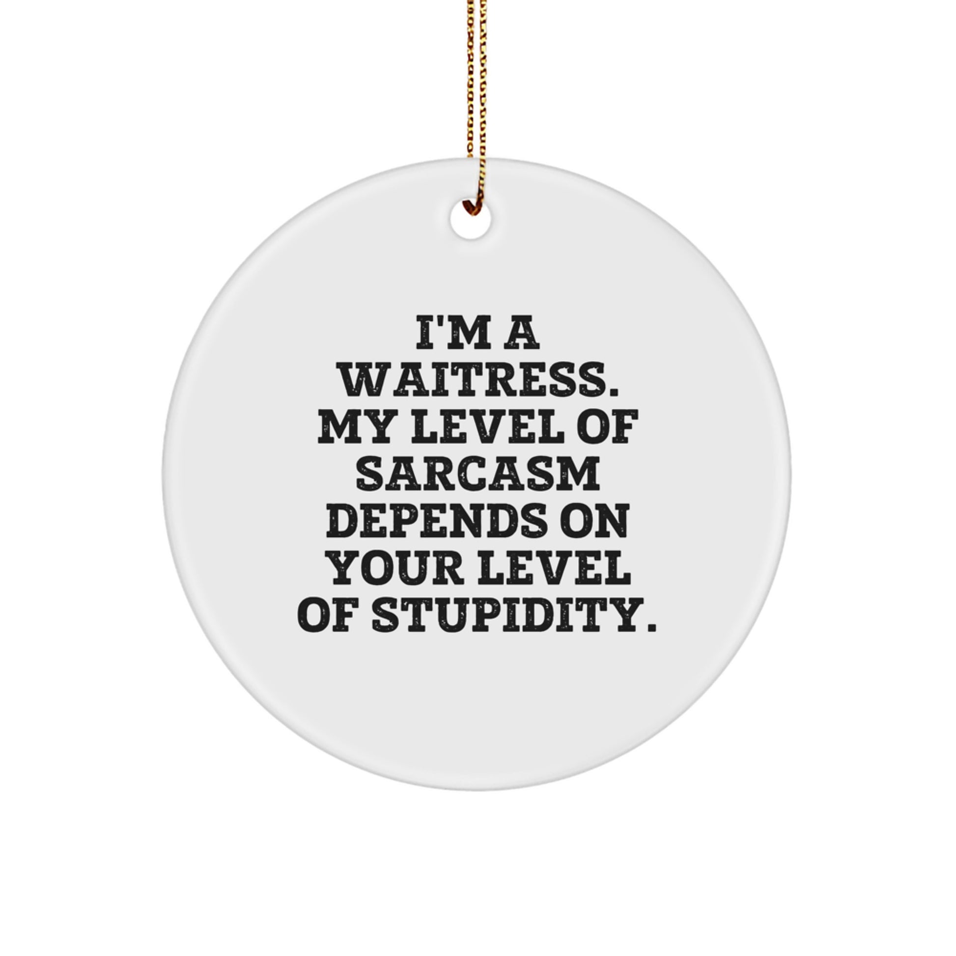 Funny Sarcasm Waitress Gifts for Christmas, 'I'm A Waitress. My Level Of Sarcasm Depends On Your Level Of Stupidity.' Circle Ornament Gifts from Men to Waitress - Image 1