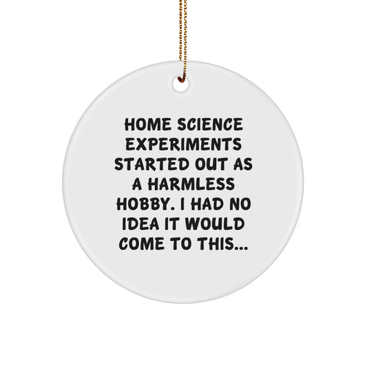 Funny Home Science Experiments Gifts from Friends for Christmas - Circle Ornament with Sublimation Printing - White MDF with Gold Cord for Hanging - Image 1