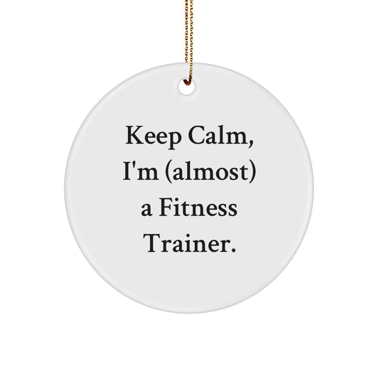 Funny Fitness Trainer Gifts from Friends for Christmas Unique Circle Ornament 'Keep Calm I'm (almost) A Fitness Trainer' Men Women Coworkers Family - Image 1
