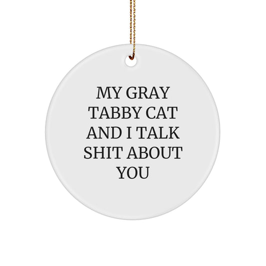 Funny Gray Tabby Cat Circle Ornament Gifts for Friends, Unique Christmas Decorations, My Gray Tabby Cat And I Talk Shit About You Quote - Image 1