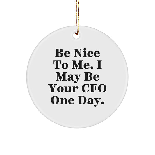 Funny CFO Gifts for Him, Christmas CFO Circle Ornament with 'Be Nice To Me. I May Be Your CFO One Day.' Quote, White Color, MDF Material - Image 1