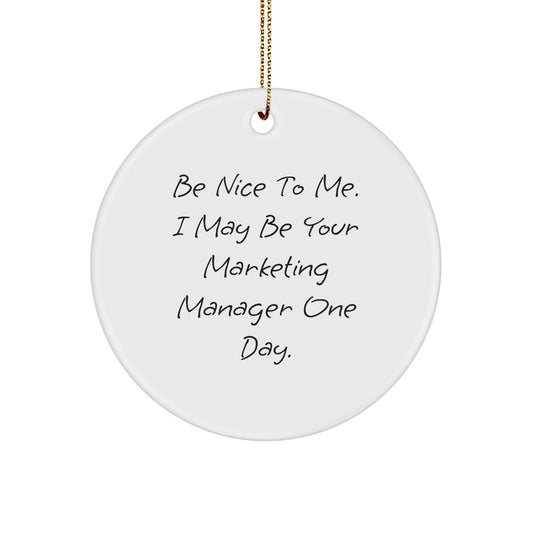 Funny Marketing Manager Gifts from Friends - Circle Ornament with 'Be Nice To Me. I May Be Your Marketing Manager One Day.' Quote for Christmas - Image 1