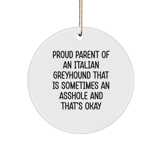 Funny Italian Greyhound Dog Gifts for Christmas - Gifts from Men to Friends, Circle Ornament, Proud Parent Quote - Image 1