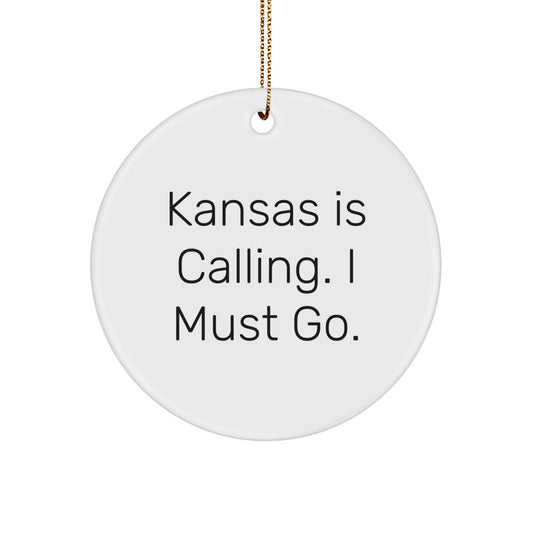 Kansas Circle Ornament, Funny Quote 'Kansas Is Calling. I Must Go.', Gifts for Kansas Lovers, Unique Christmas Unique Gifts from Friends, Family, Coworkers, Men, Women - Image 1