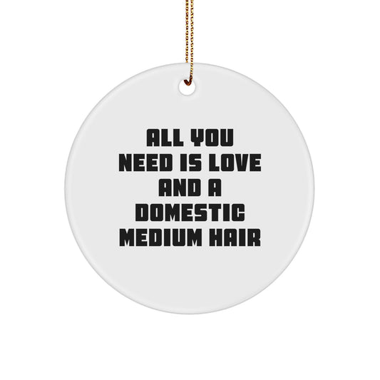 Domestic Medium Hair Lover Gifts from Friends and Family - Funny Circle Ornament, White, All You Need Is Love And A Domestic Medium Hair, Christmas Unique Gifts - Image 1