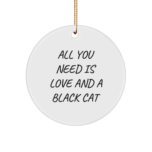 Gifts from Family for Black Cat Lovers - Inspirational Circle Ornament - 'All You Need Is Love And A Black Cat' Funny White Christmas Decoration - Image 1