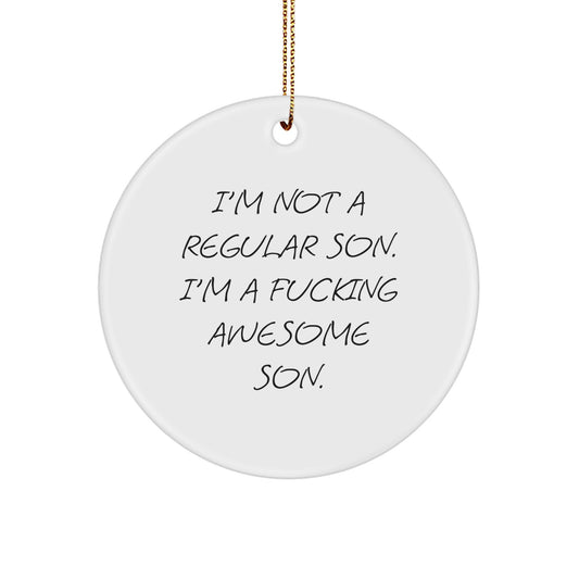 Funny Son Circle Ornament, Gifts from Mom or Dad, 'I'm Not A Regular Son. I'm A F--king Awesome Son.' Christmas Decorations - Image 1