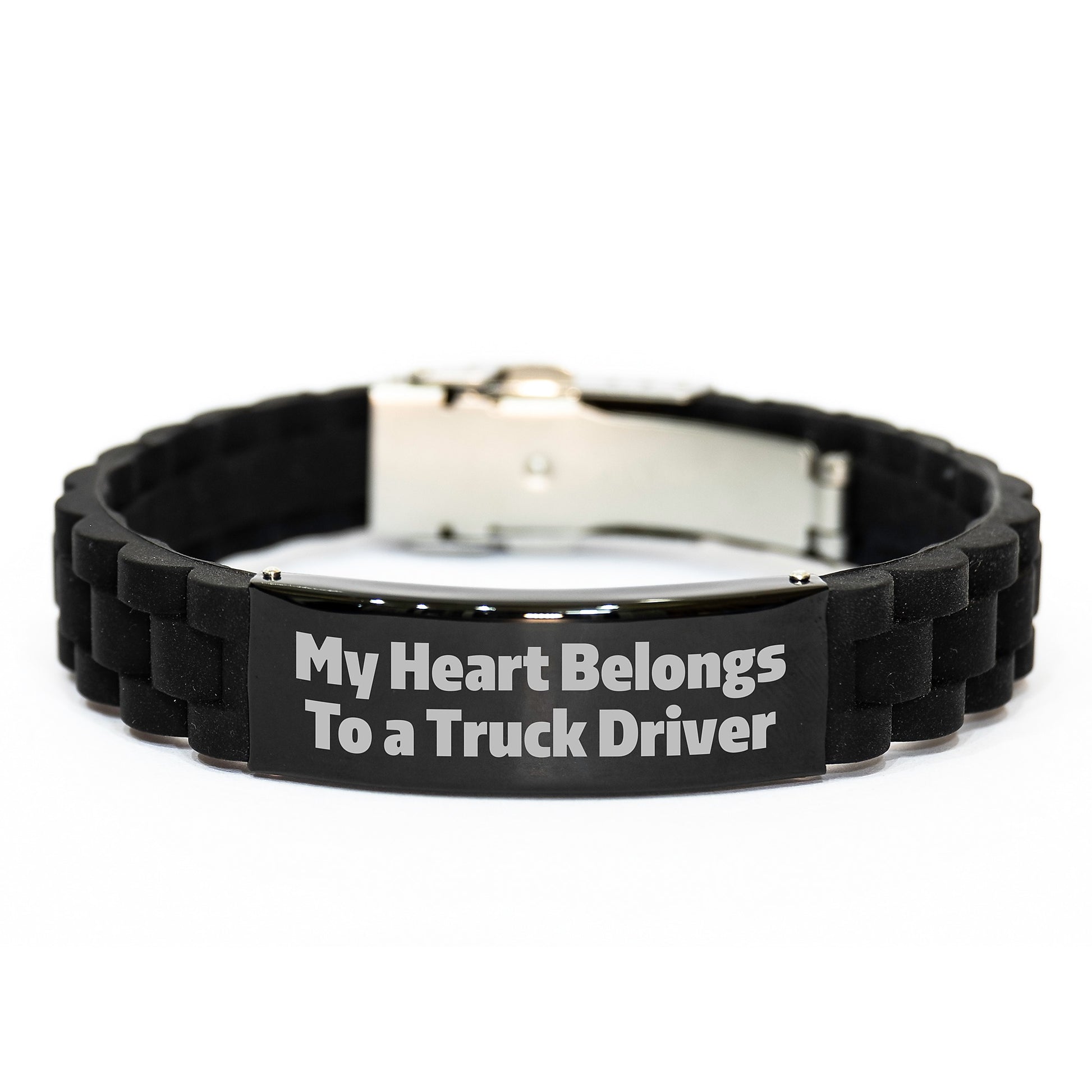 Funny Truck Driver Gifts for Him - Glide lock Clasp Bracelet, 'My Heart Belongs To A Truck Driver' Quote, Adjustable, Black, Silver Stainless Steel, Christmas Unique Jewelry - Image 1